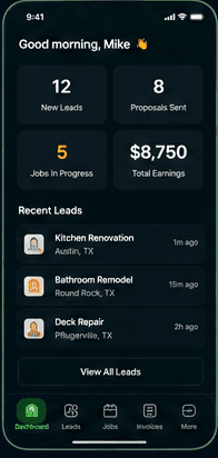 SERVOSA provider dashboard — new leads, jobs in progress and total earnings at a glance