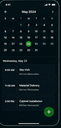 SERVOSA schedule — May calendar with site visit, material delivery and installation booked